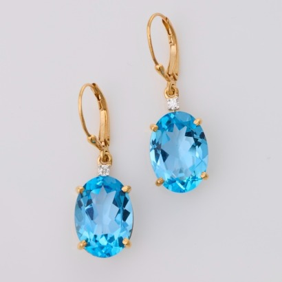 14ct Yellow Gold, 12.85ct Swiss Blue Topaz / .02ct Diamond Earrings