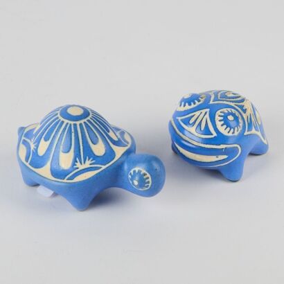 A Vintage Pablo Zabal Pottery Sgraffito Frog and Turle Sculptures