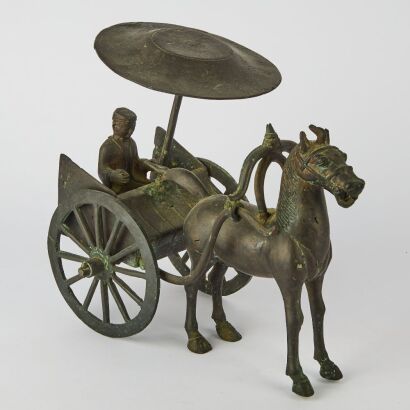 A Chinese Bronze Horse and Carriage Ornament