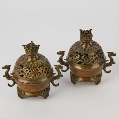 A Pair of Chinese Bronze Small Censers