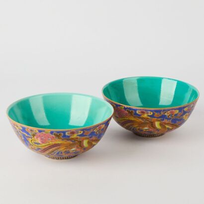 A Pair of Chinese Famille Verte 'Peony and Phoenix' Bowls