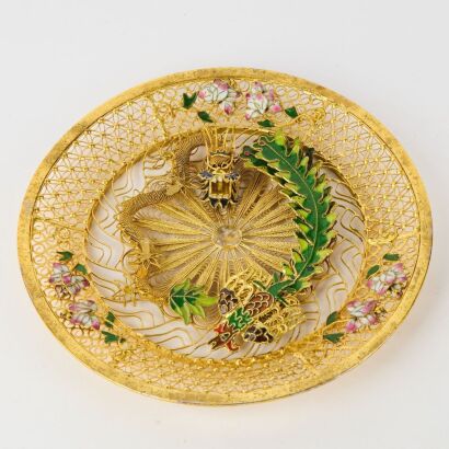 A Chinese Mid-20th Century Gilt Filigree Enamel &lsquo;Dragon and Phoenix&rsquo; Relief Plate