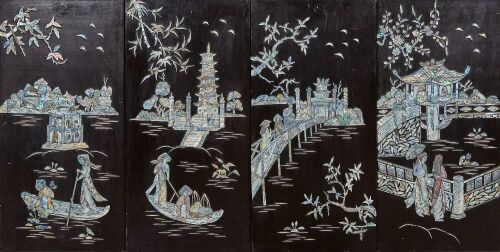 A Set of Four Chinese Black Lacquer and Mother-of-pearl 'landscape and figures' Panels