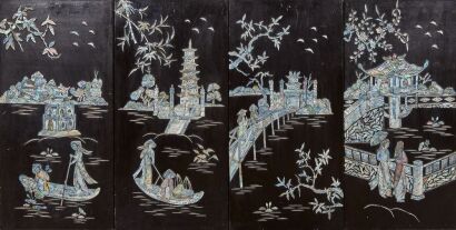 A Set of Four Chinese Black Lacquer and Mother-of-pearl 'landscape and figures' Panels
