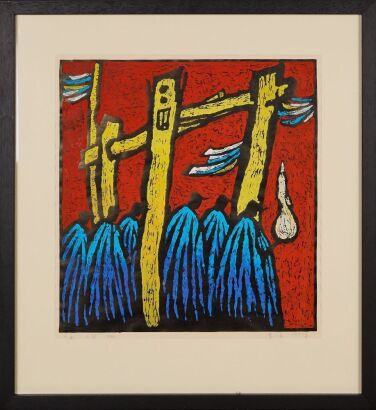 A Dong Xiaozhuang Woodblock Print &lsquo;Fire Ritual&rsquo;