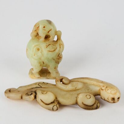 A Set of Two Chinese Jade Carvings of a Chilong and an Elephant
