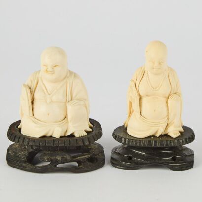 A Set of Two Chinese Bone Carvings of Maitreya