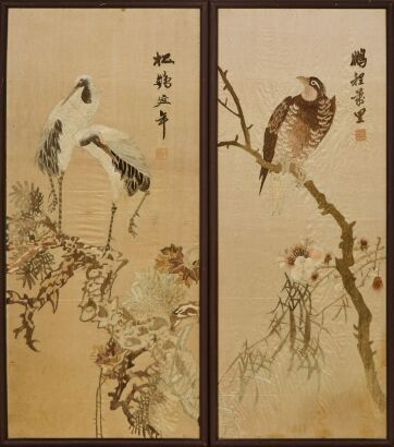 A Set of Two Chinese Early 20th Century Embroidered 'Bird-and-Flower' Panels