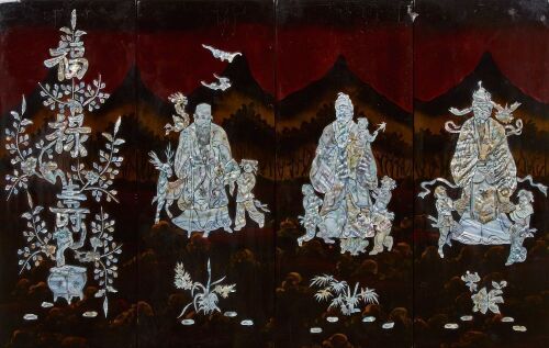 A Chinese Lacquer and Mother-of-Pearl Inlaid &lsquo;Fu Lu Shou&rsquo; Four-panel Screen