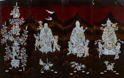 A Chinese Lacquer and Mother-of-Pearl Inlaid &lsquo;Fu Lu Shou&rsquo; Four-panel Screen