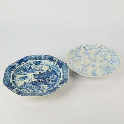 A Set of Two Chinese Blue and White &lsquo;Landscape and Bird-and-Flower&rsquo; Dishes