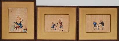 A Set of Three Chinese 19th Century Late Qing Dynasty Pith Paper Paintings