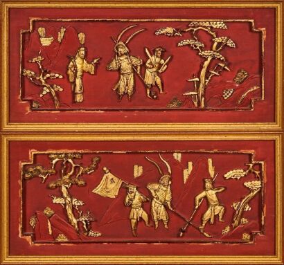 A Set of Two Chinese Qing Dynasty Red Lacquered and Gilt Carved Figure Wall Hangings