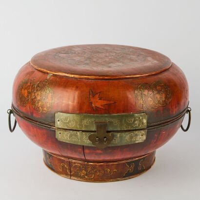 A Chinese 19th Century Qing Dynasty Red Lacquered Wooden Covered Box