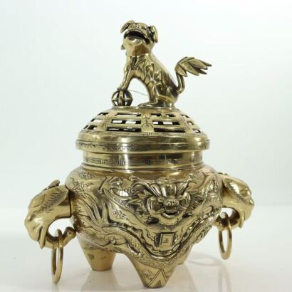 A Chinese Brass Large Incense Burner with Beast Finial and Double Handles