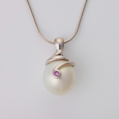 18ct White Gold, 14.3mm South Sea Pearl / 0.05ct Diamond Pendant on 45cm 18ct White Gold, Snake Chain