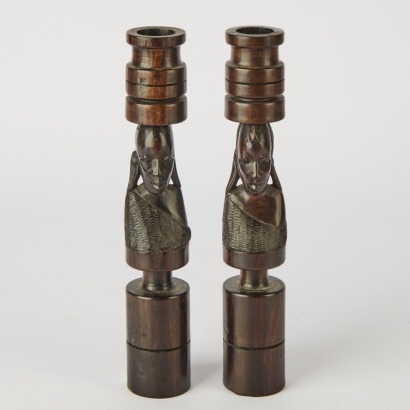 A Pair of Hand-carved Wooden African Candlesticks