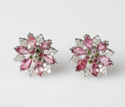 18ct White Gold Tourmaline and Diamond Flower Earrings