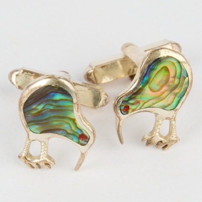 A Pair of Vintage Sterling Silver and Paua Kiwi Cufflinks