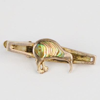 A Vintage Sterling Silver and Paua Kiwi Tie Pin
