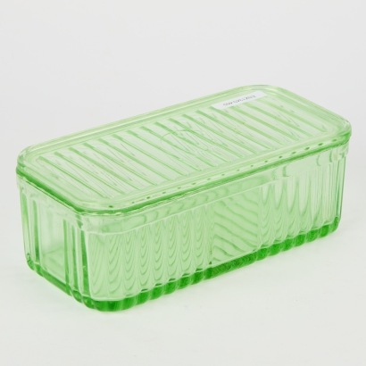 A 1930"s Green Depression Glass Refrigerator Container with Lid