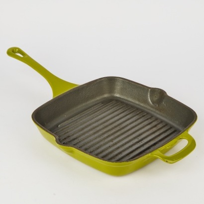 A Vintage Heavy Cast Iron Grill Pan Skillet in Green Enamel