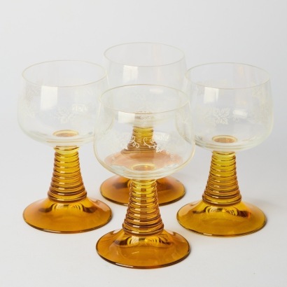 A set of Four Rare Vintage 1970's Schott Zwiesel German Amber Beehive stem Wine glasses featuring etched Grape Design