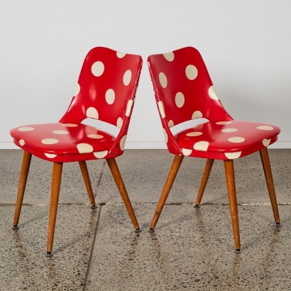 A Pair of Mid-century Dining Chairs with Polka Dot Upholstery