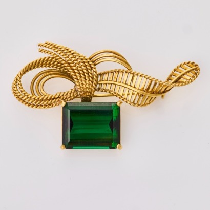 18ct Yellow Gold, Vintage, 14.00ct Green Tourmaline Bow Brooch