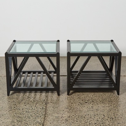A Pair of Ebonised Wood and Glass Side Tables