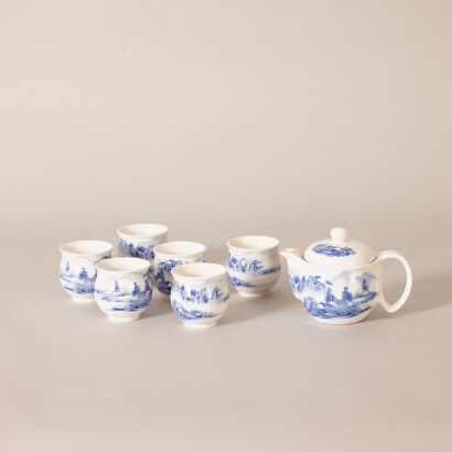 A Chinese Blue and White 'Landscape' Tea Set - 7 Pieces