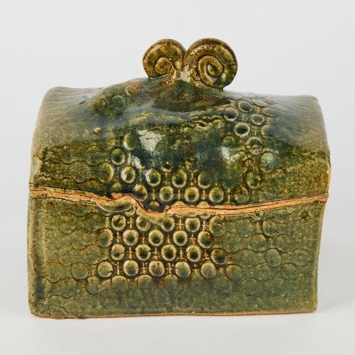 A Large George Kojis stoneware lidded box with a Koru handle