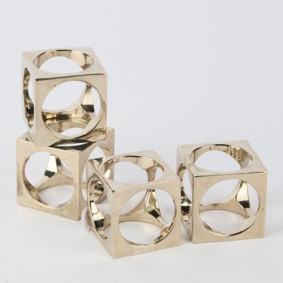 Four Mid Century Cubist Stainless Steel Napkin Rings