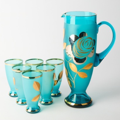 A Czechoslovakian Vintage Glass Pitcher with Glasses