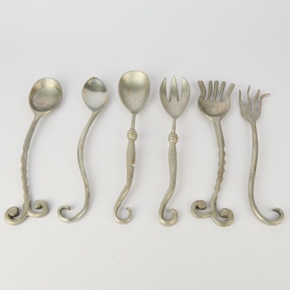 A Collection of six Post Modern Large Aluminum Salad Servers