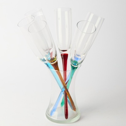 A Set of Six Vintage Handblown Champagne Flutes in Original Holder