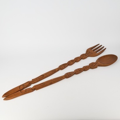 A Hand Carved Large Wooden Fork and Spoon