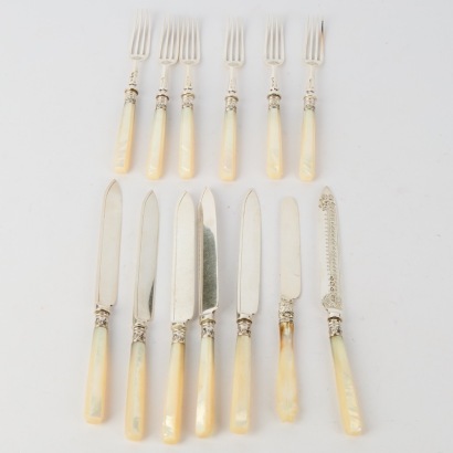 A Set of Mother of Pearl Handled Sterling Silver Cutlery