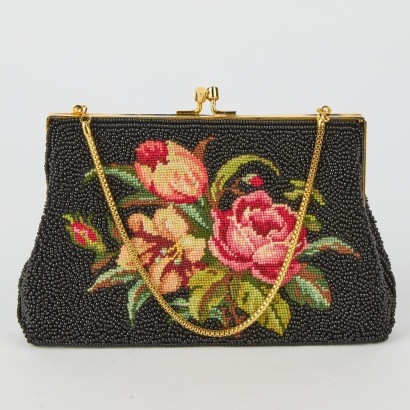A Black Beaded and Tapestry Vintage Purse