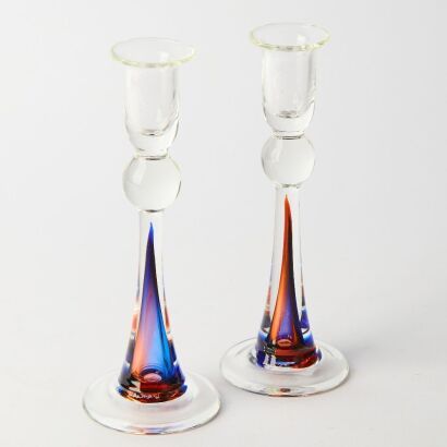 A Pair of Signed Murano Art Glass Candlesticks