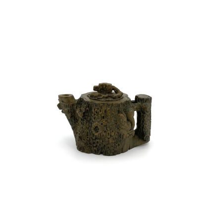 A Chinese Stone Carved Stump Teapot (Shen Jianguo Mark)