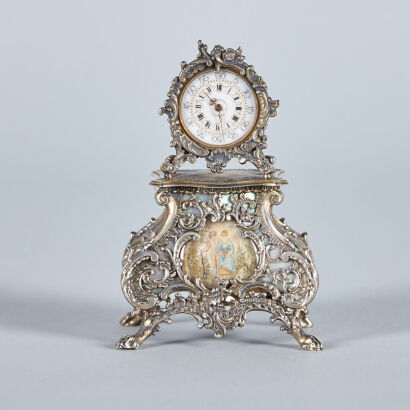 A French Miniature Silver Porcelain Clock