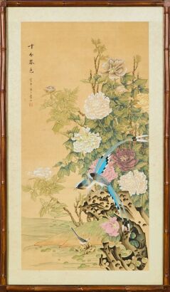 A Chinese Ink and Color 'Floral and Birds' Hanging Screen