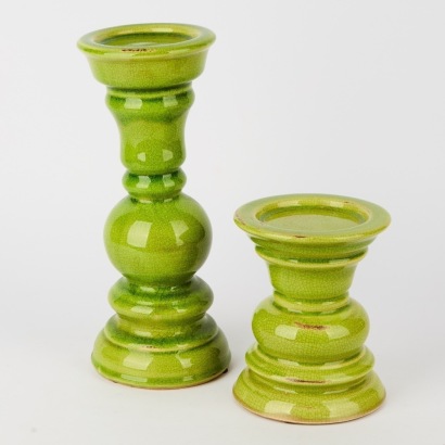 A Matching Set Of Two Green Ceramic Candle holders