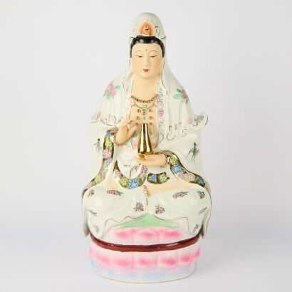 A Chinese 20th Century Famille-rose Seated Guanyin Figure