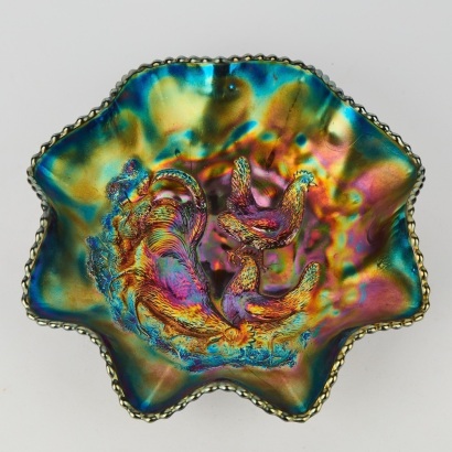 A Rare Dugan Eight Ruffle Farmyard Carnival Glass Bowl
