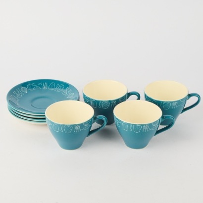 A Set of Four Crown Lynn Narvik Pattern Cups and Saucers