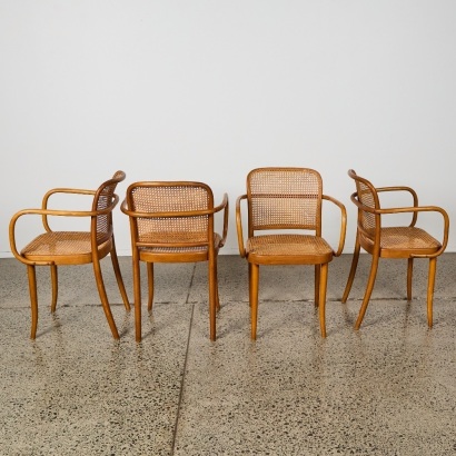 A Set of Four Bentwood and Rattan Chairs by Stendig Czechoslovakia