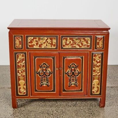 A Late 19th Century Chinese Red-lacquer and Gilt Carved Double-door Cabinet