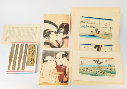 A Group of Seven Japanese Ukiyo-e Woodblock Prints AND A Japanese Book